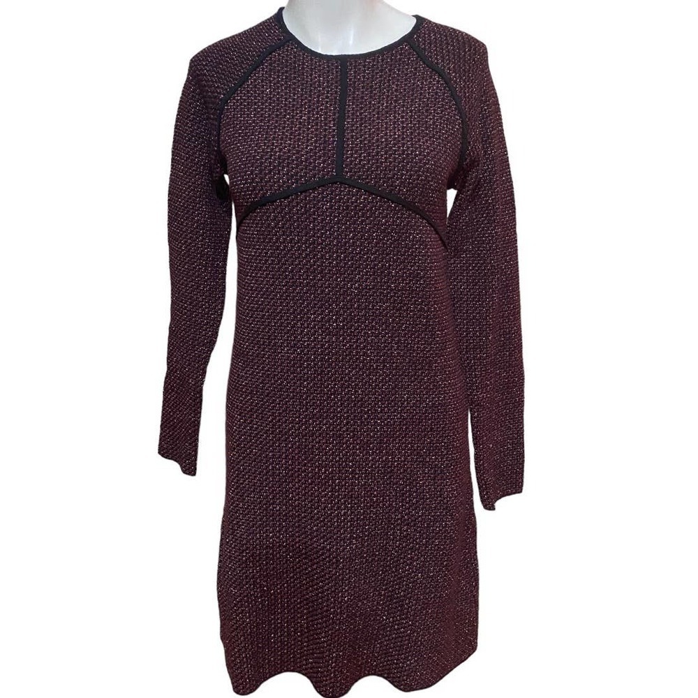 Zara Knit Sheath Dress Metallic Long Sleeves Crew Neck  Black Maroon Gold Medium